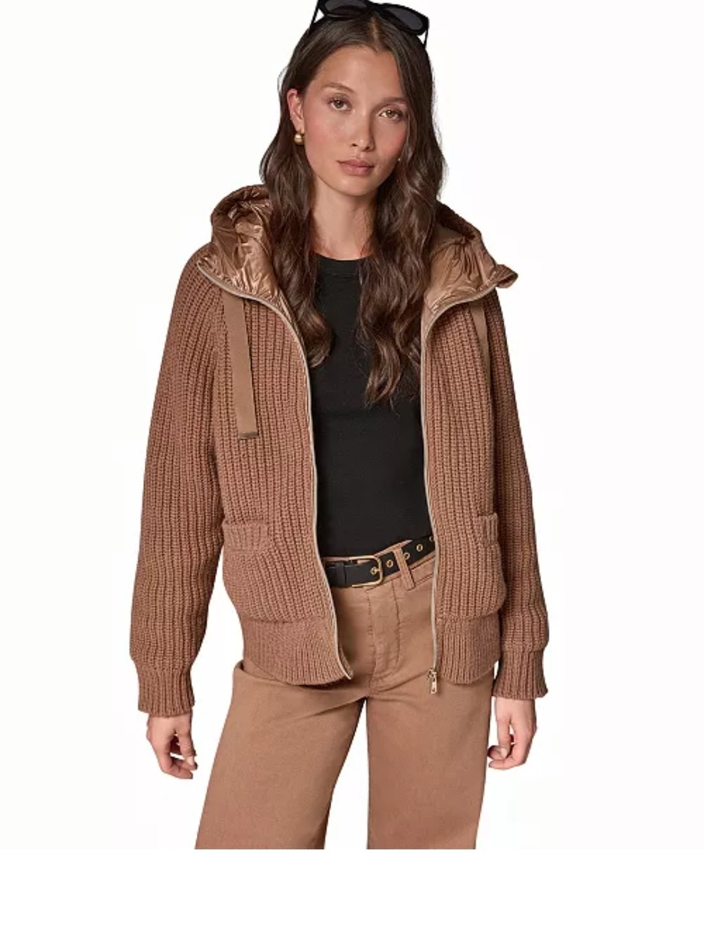 Donna Karan Brown Wool-Blend Hooded Mixed Media Chunky Jacket